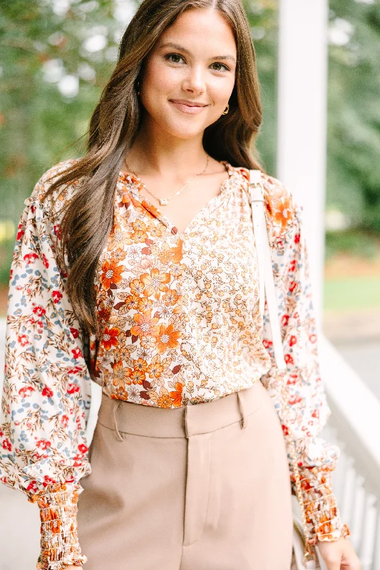 All Hope Taupe Brown Ditsy Floral Blouse Athletic Women's 