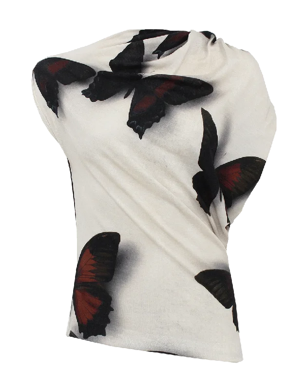 Sleeveless Asymmetrical Butterfly Print Top British Gentlewoman Style