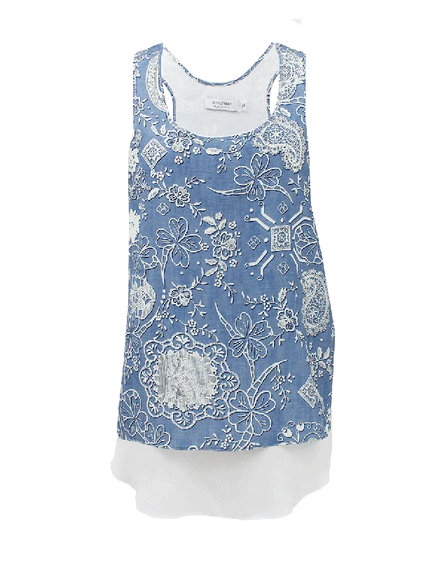 Sleeveless Racer Back Print Lace Tank Sophisticated Women's Tailored