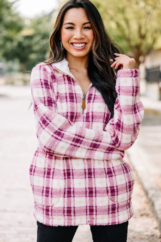 Better Get Going Pink Plaid Pullover Casual Women's Loose - fitting
