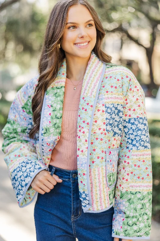 Cottage Dreaming Blue Patchwork Jacket Minimalist Women's Casual