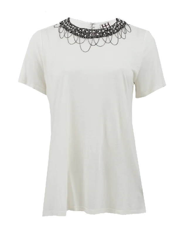 Short Sleeve Tee with Embellished Neckline Streetwear Style for 
