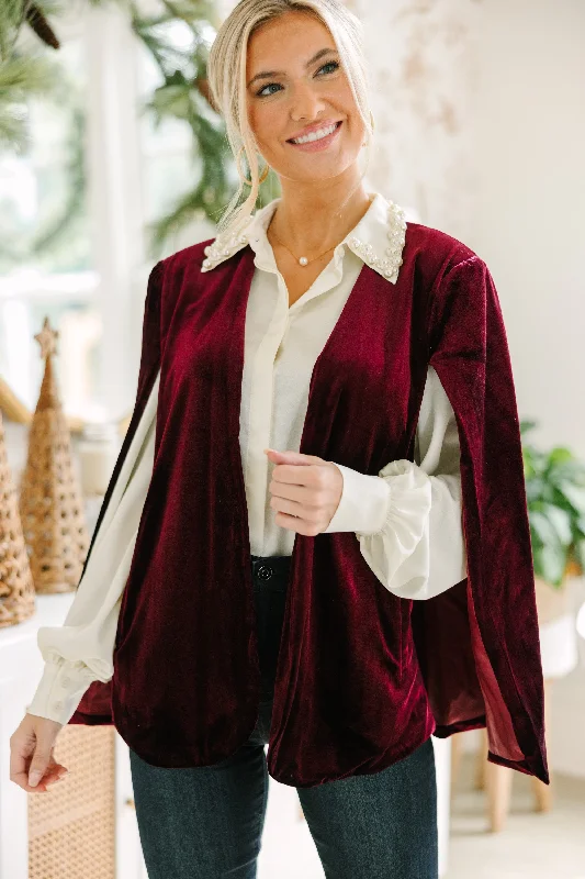 Bold Energy Burgundy Red Velvet Cape Jacket Cozy Women's Sherpa - lined