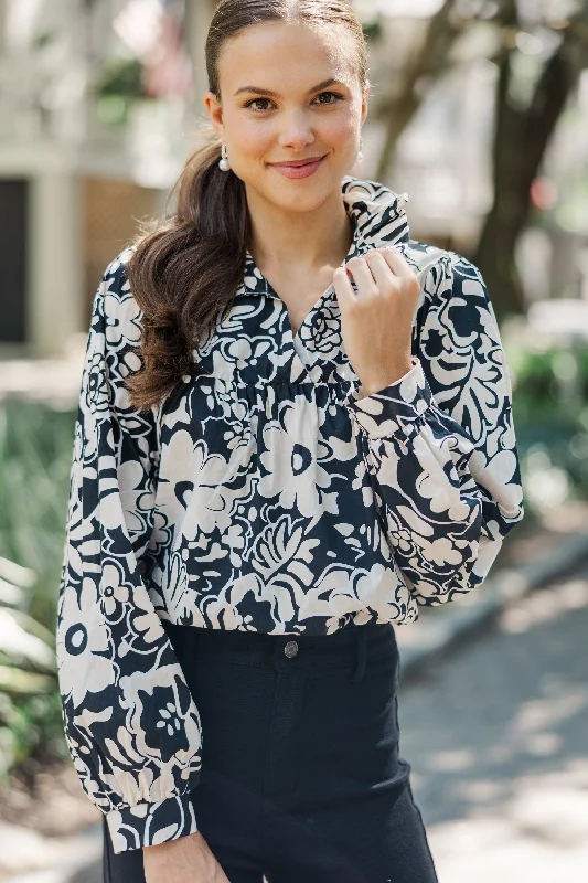 Always With Love Black Floral Blouse Cozy Women's Winter