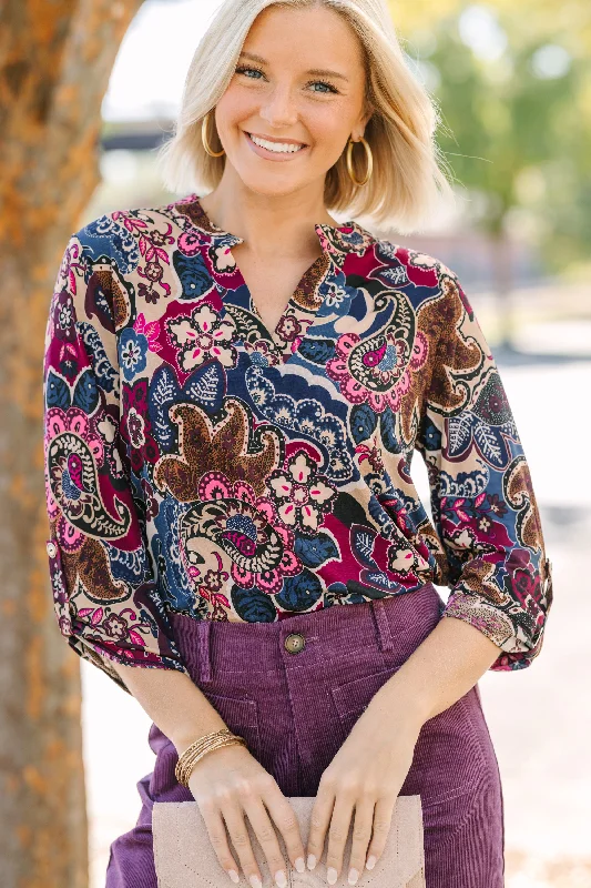 Break Through Wine Red Floral Blouse Trendy Women's Oversized