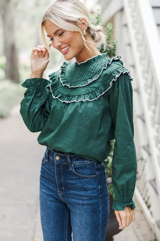All For Fun Hunter Green Ruffled Blouse Casual Women's Japanese 