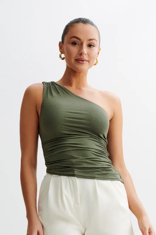 Sarah One Shoulder Modal Asymmetric Top - Military Olive Rugged Women's Outdoor 