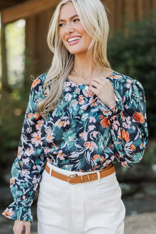 Waiting For You Navy Floral Blouse Traditional Women's Wool
