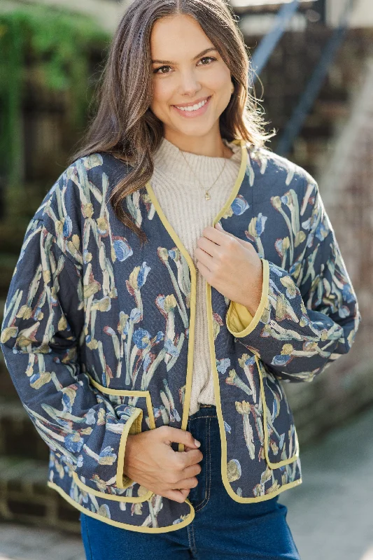 Whatever You Want Navy Blue Floral Quilted Jacket Gym