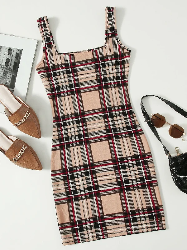 Plaid Sleeveless Square Neck Pencil Natural Mini Dress Trendy Women's Oversized