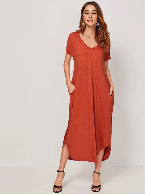 Plain Short Sleeve V Neck Straight Natural Long Dress Luxurious Women's High -  end