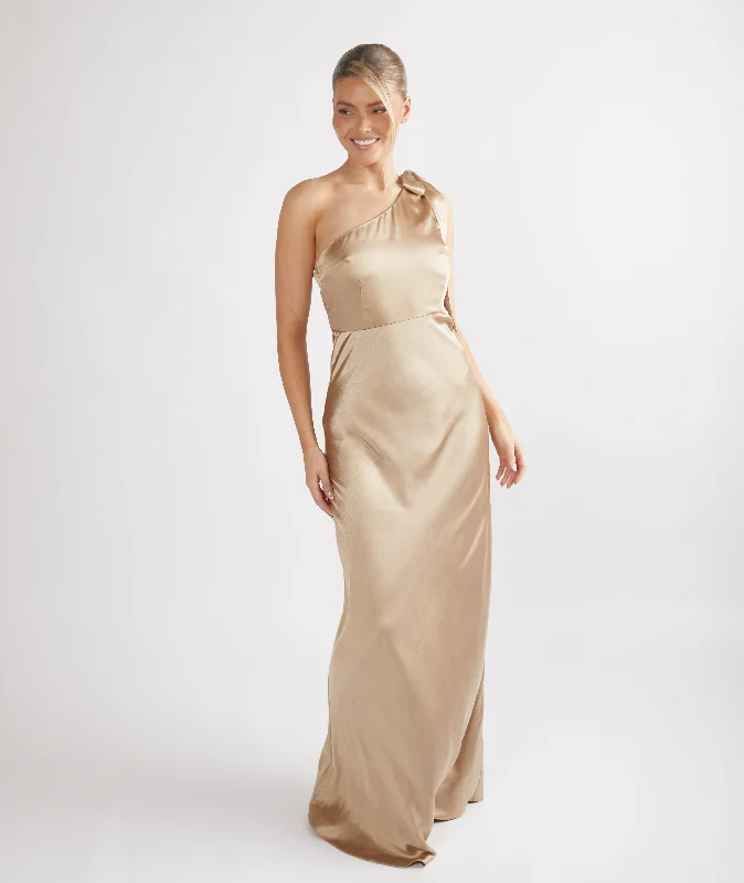 Bow One Shoulder Satin Bridesmaid Dress - Champagne Youthful Women's Pop