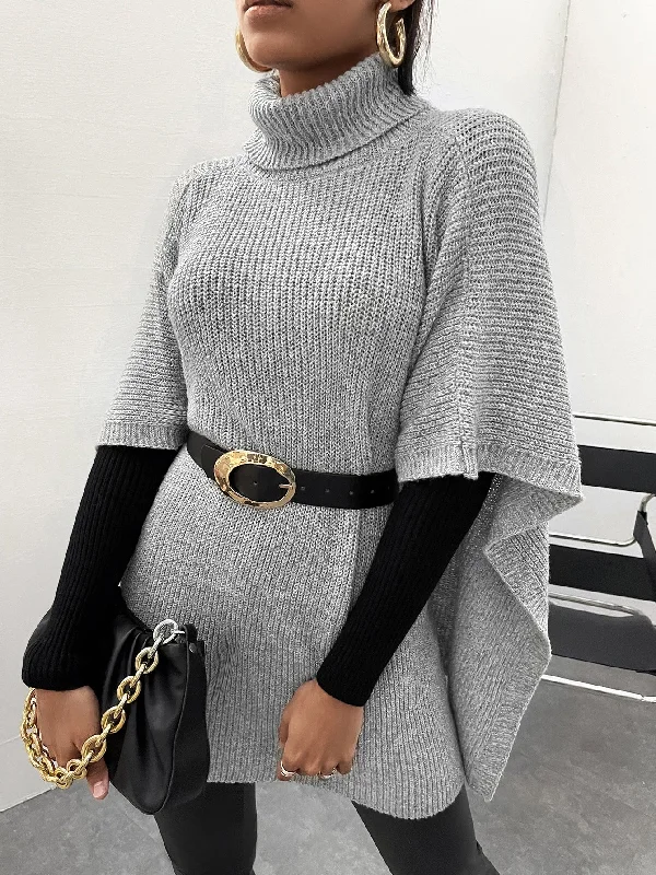 Casual Plain Asymmetrical Three Quarter Length Sleeve High Neck Asymmetrical Long Women Sweater Dapper Women's Bow - adorned