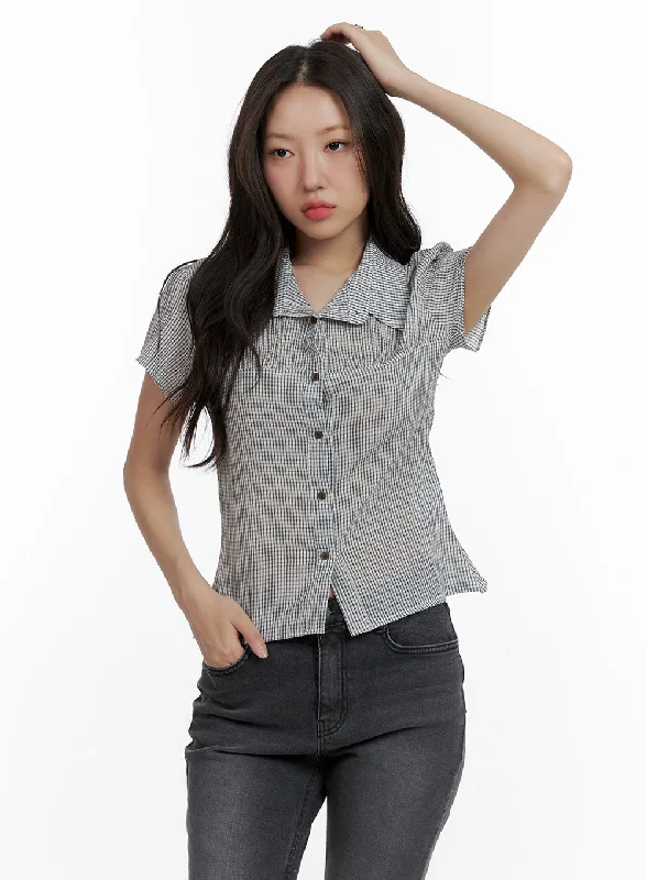 Gingham Buttoned Collar Short Sleeve Blouse CL410 Stylish Women's Tropical 