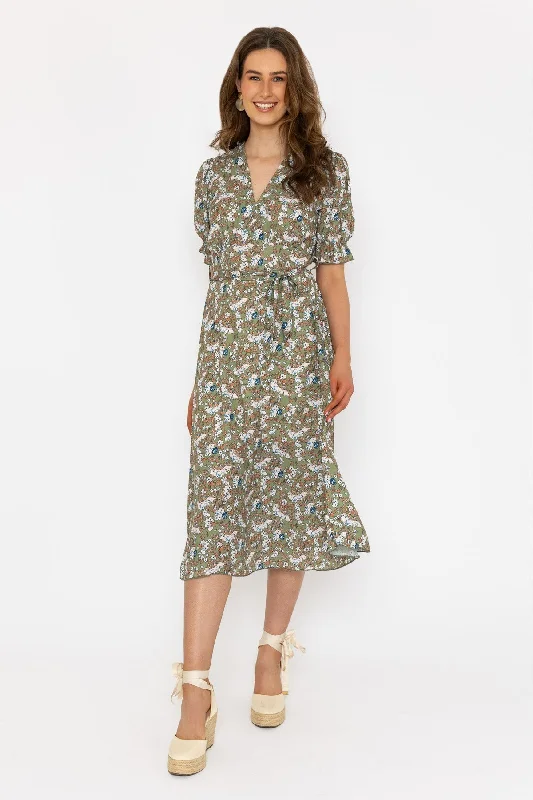 Short Sleeve Sinead Khaki Midi Dress Geometric