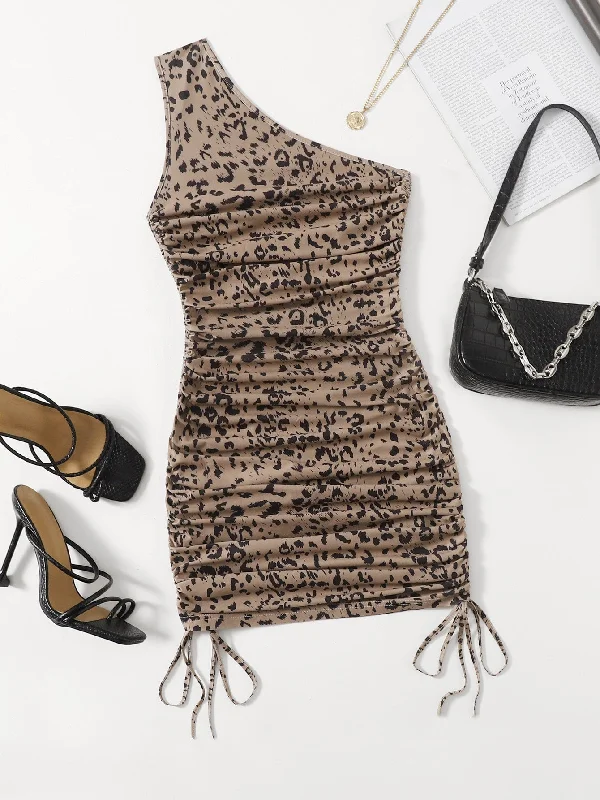 Leopard Knot Sleeveless One Shoulder Pencil Natural Short Dress Classic Women's Pin - striped