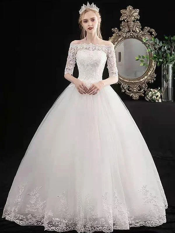 New Cheap Wedding Dresses Eric White Off The Shoulder Half Sleeves Ball Gown Soft Tulle Lace Up Floor Length Bride Dresses Edgy Women's Punk