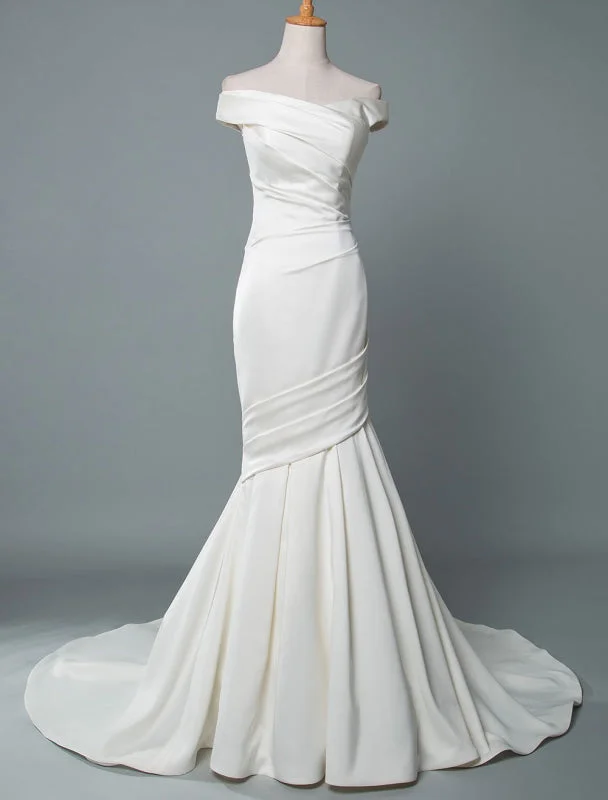 Vintage Wedding Dress Mermaid Off The Shoulder Sleeveless Pleated Satin Fabric With Train Traditional Dresses For Bride Bohemian Women's Free