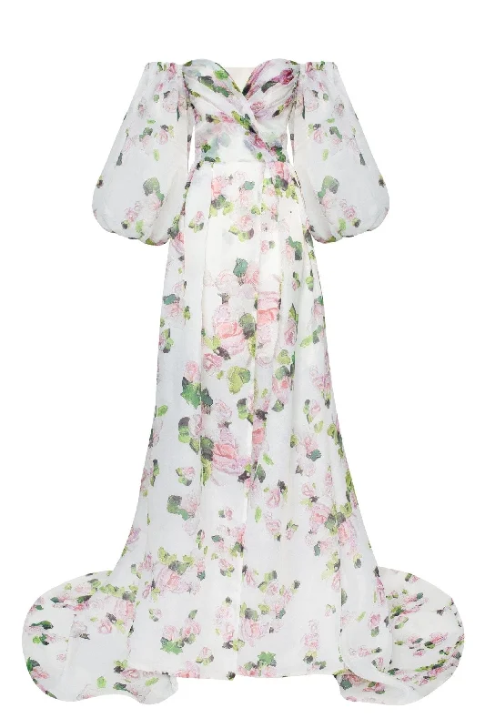 Apple Blossom Elegant floral puff sleeve maxi dress Trendy Women's 