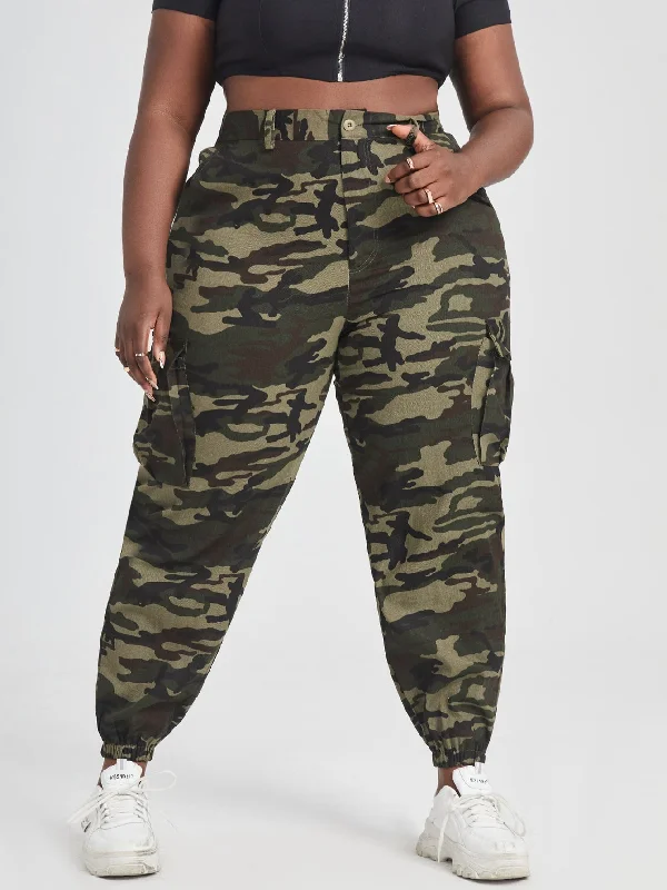 Camo Pocket Long Plus Size Pants Unique Women's Upcycled