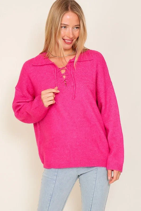 Sweater Top with V-Shape Criss Cross Tie Neck Dynamic Women's High - energy