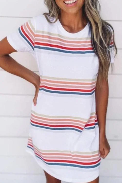 Stripe O Neck Trendy Short Sleeve Mini Dress Cozy Women's Sherpa - lined