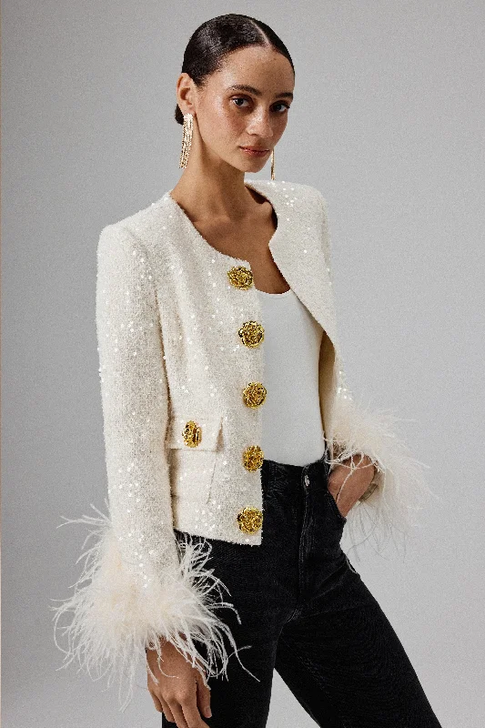 LARIA Sequin Boucle Jacket with Gold Rose Embellishment in Beige Disco