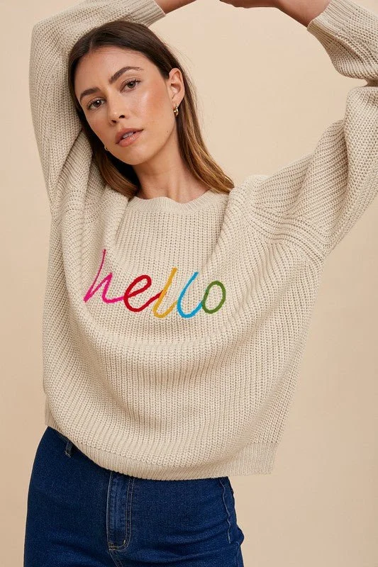 Hello Embroidered Raglan Sleeve Sweater Geometric