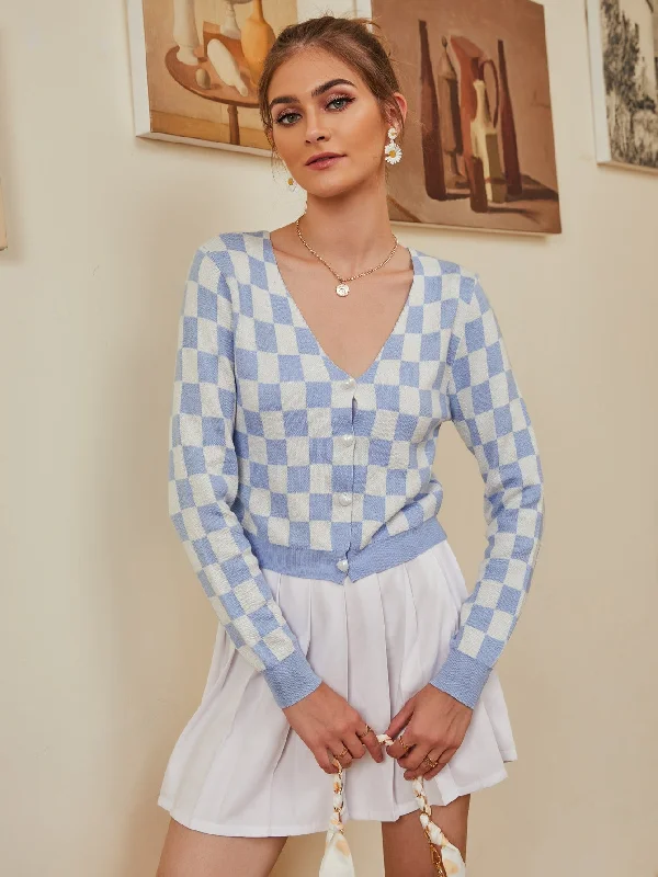 Casual Plaid Button Front Long Sleeve V Neck Crop Women Cardigan Women