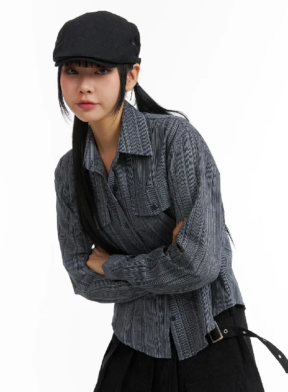 Collar Stripe Button Long Sleeve Shirt CJ411 Sophisticated Women's 