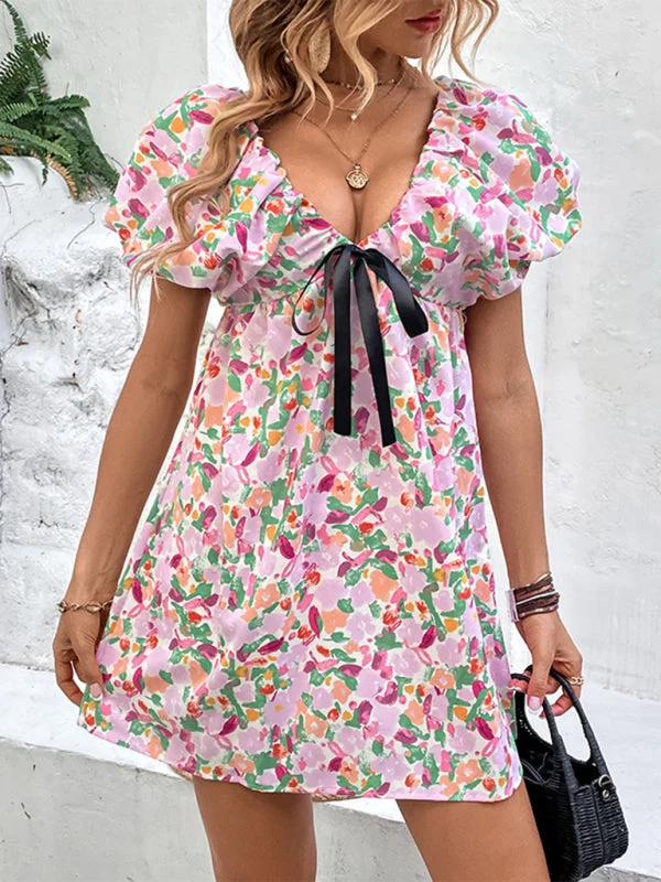 BerryBetty - Women's Floral Puff Sleeve Mini Dress Cashmere