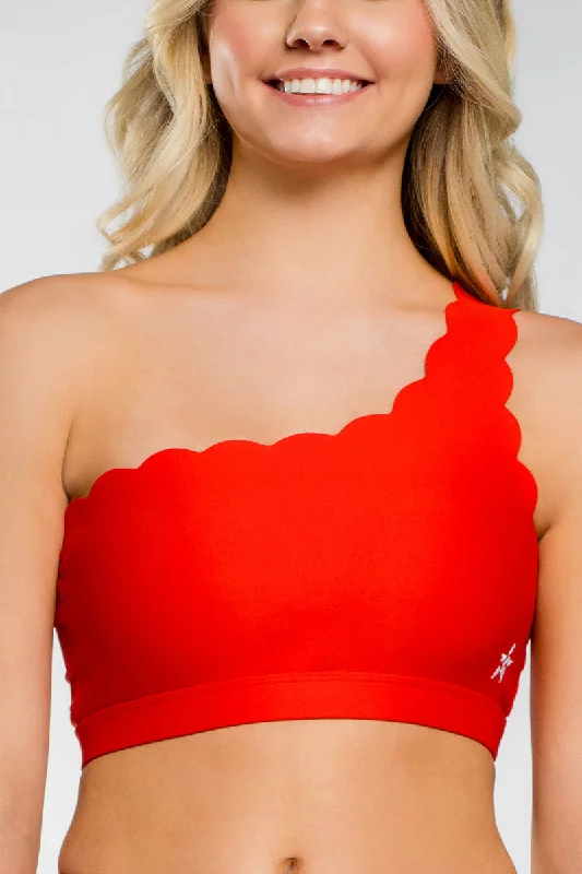 One Shoulder Scalloped Sports Bra in Red Relaxed Women's 