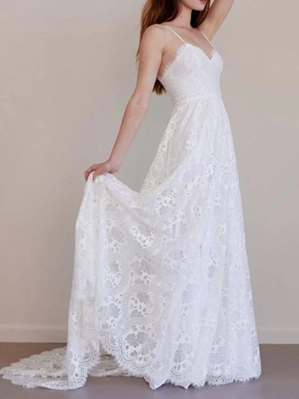 Beach Wedding Dress A Line Sweetheart Neck Straps Floor Length Lace Bridal Gown With Train Cashmere