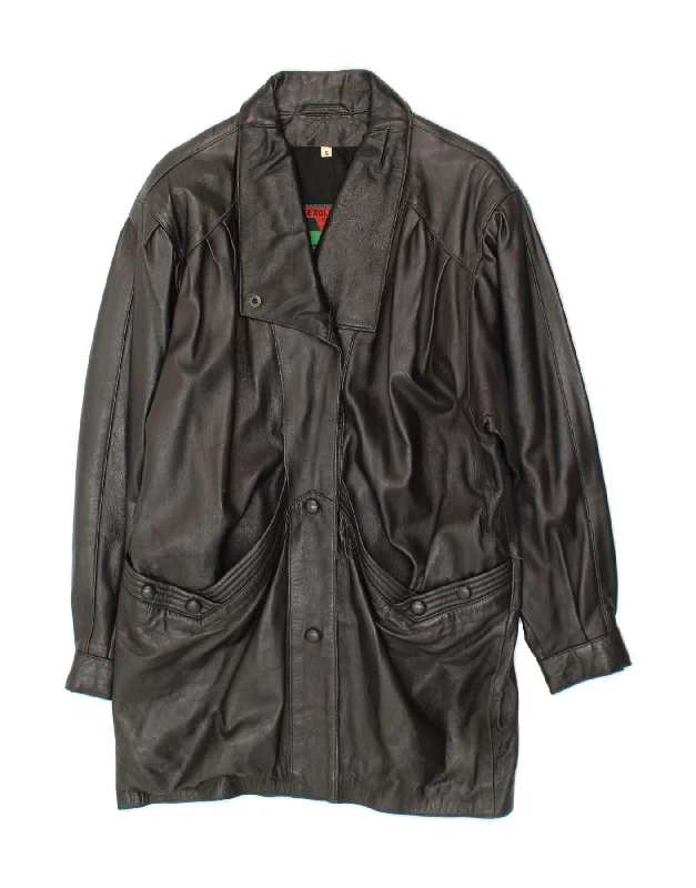 VINTAGE Womens Oversized Leather Coat UK 10 Small Black Leather Laid - back Women's Style