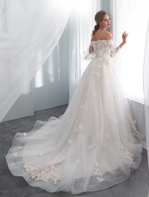 Princess Wedding Dresses Half Sleeve Off Shoulder Lace Flowers Pearls Applique Ivory Bridal Dress With Train Minimalist Women's Casual