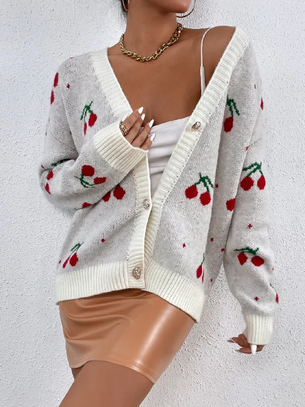Casual Fruit&Vegetable Button Front Long Sleeve V Neck Regular Women Cardigan Modern Women's Tech Casual Fruit&Vegetable Button Front Long Sleeve V Neck Regular Women Cardigan Modern Women's Tech