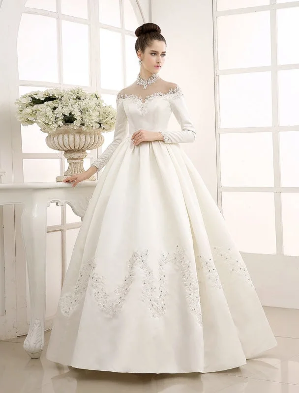 Ivory Wedding Dress/Ball Gown With High Collar Applique Exclusive Sophisticated Women's Tailored
