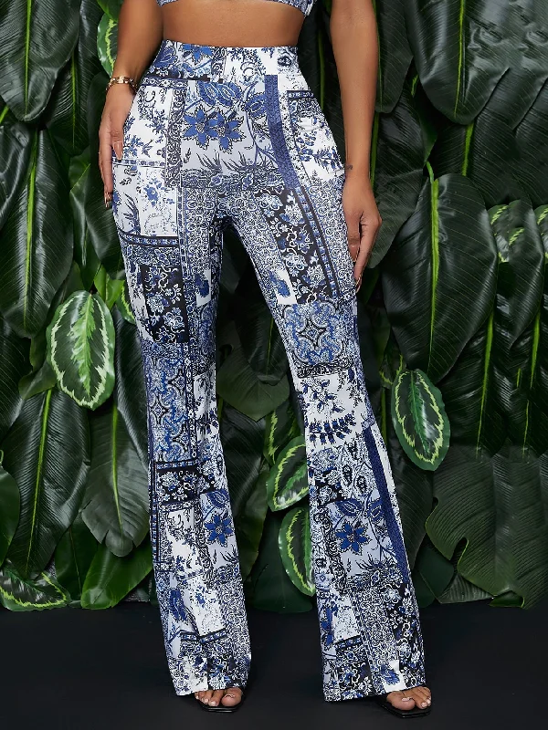 Boho Scarf Print High Waist Long Women Pants British Gentlewoman Style