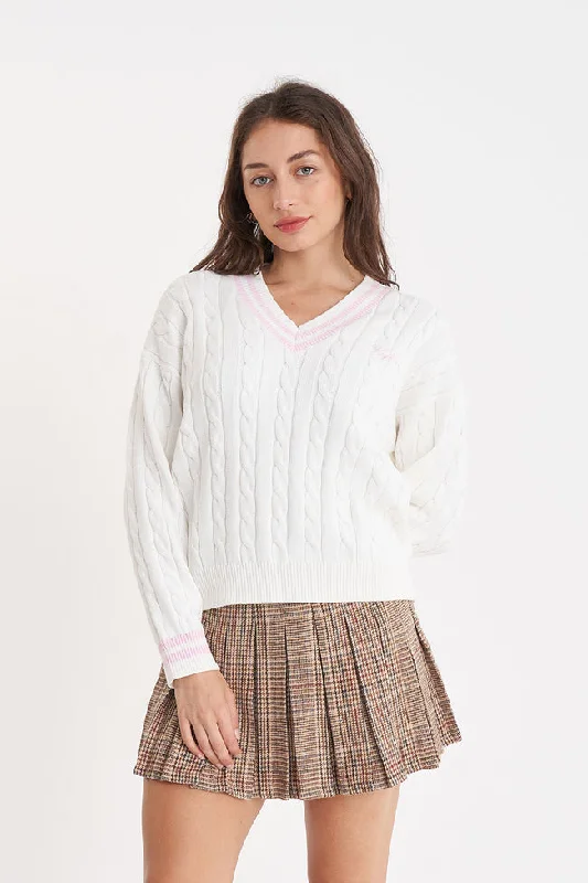 V-Neck Cable Knit Sweater | Chalk Adventure