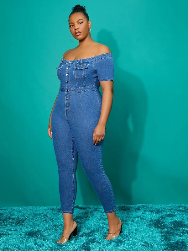 Plain Button Front Short Sleeve Off The Shoulder High Waist Long Plus Size Denim Overalls Sophisticated Women's Tailored