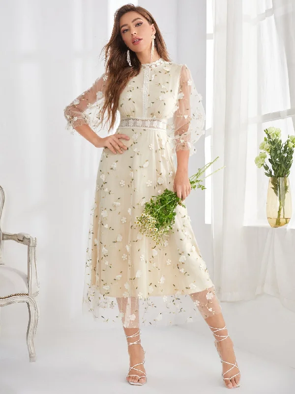 Floral Contrast Lace Three Quarter Length Sleeve Round Neck Flared High Waist Long Dress Vintage Women's 1970S 