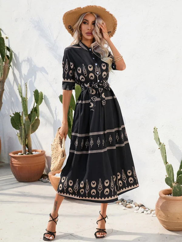 BerryBetty - Women's Printed Three-quarter-sleeve Shirred-waist Crepe Maxi Dress Contemporary 