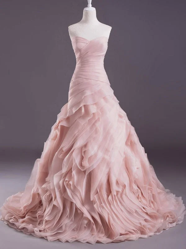 Pink A-Line Strapless Sweetheart Neck Tiered Sweep Wedding Gown Refined Women's Classic 