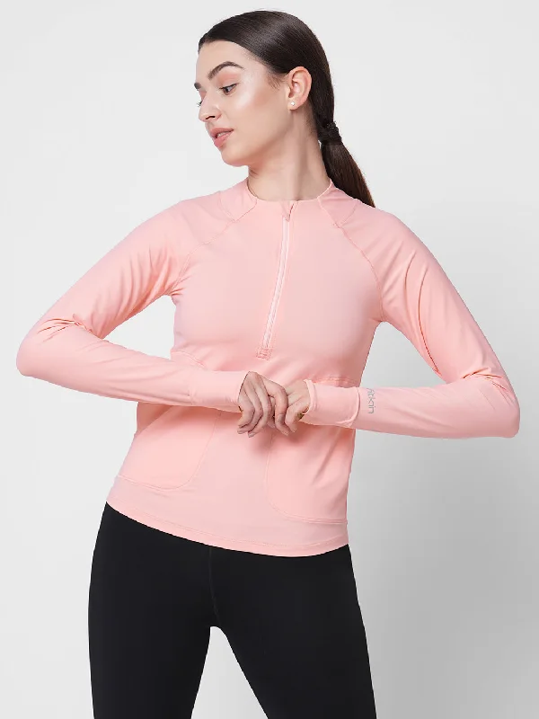 Fitkin women pink front zipper long sleeve tshirt with front pockets Sharp Women's Italian
