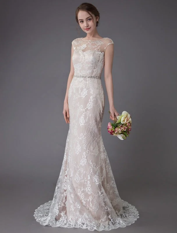 Lace Wedding Dress Champagne Jewel Sleeveless Backless Mermaid Beach Wedding Gown With Train Exclusive Confident Women's Power