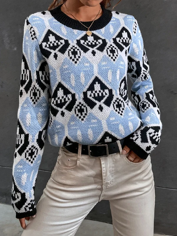 Casual Geometric Long Sleeve Round Neck Regular Women Sweater Sophisticated Women's 