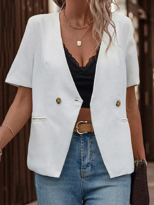 Two-Button Short Sleeve Pocket Blazer Practical Women's Multi - 