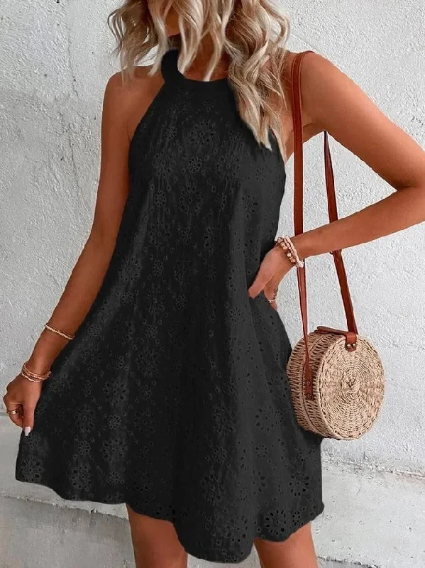Solid Color Halter Neck Lace Shift Mini Dress (4 colors) Contemporary 