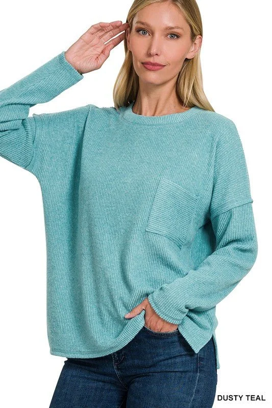 Ribbed Brushed Melange Hacci Sweater with a Pocket Relaxed Women's 