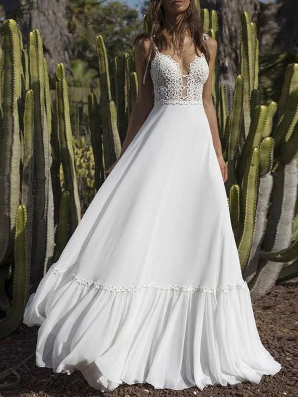Boho Wedding Dresses 2021 Chiffon V Neck A Line Straps Sleeveless Bows Lace Bridal Gowns Ruffle Hem Bridal Dress For Beach Wedding Bold Women's Animal Print